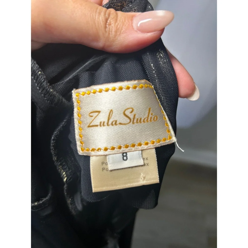 RARE Zula Studio Cocktail Dress 8 Black Gold Metallic Chain Strap Sheath